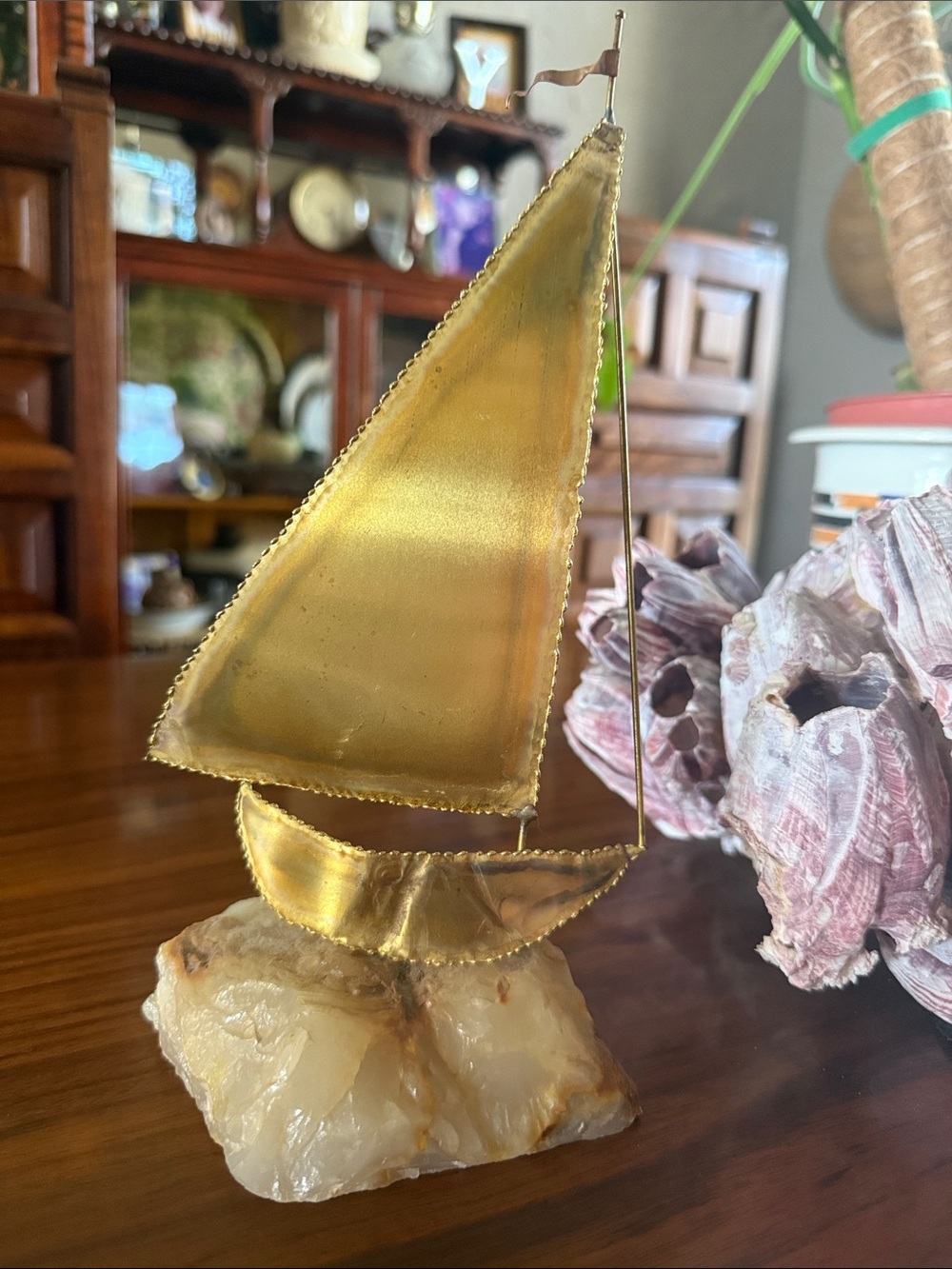 Brass Sailboat Sculpture on Stone Base - Gold tabletop decor